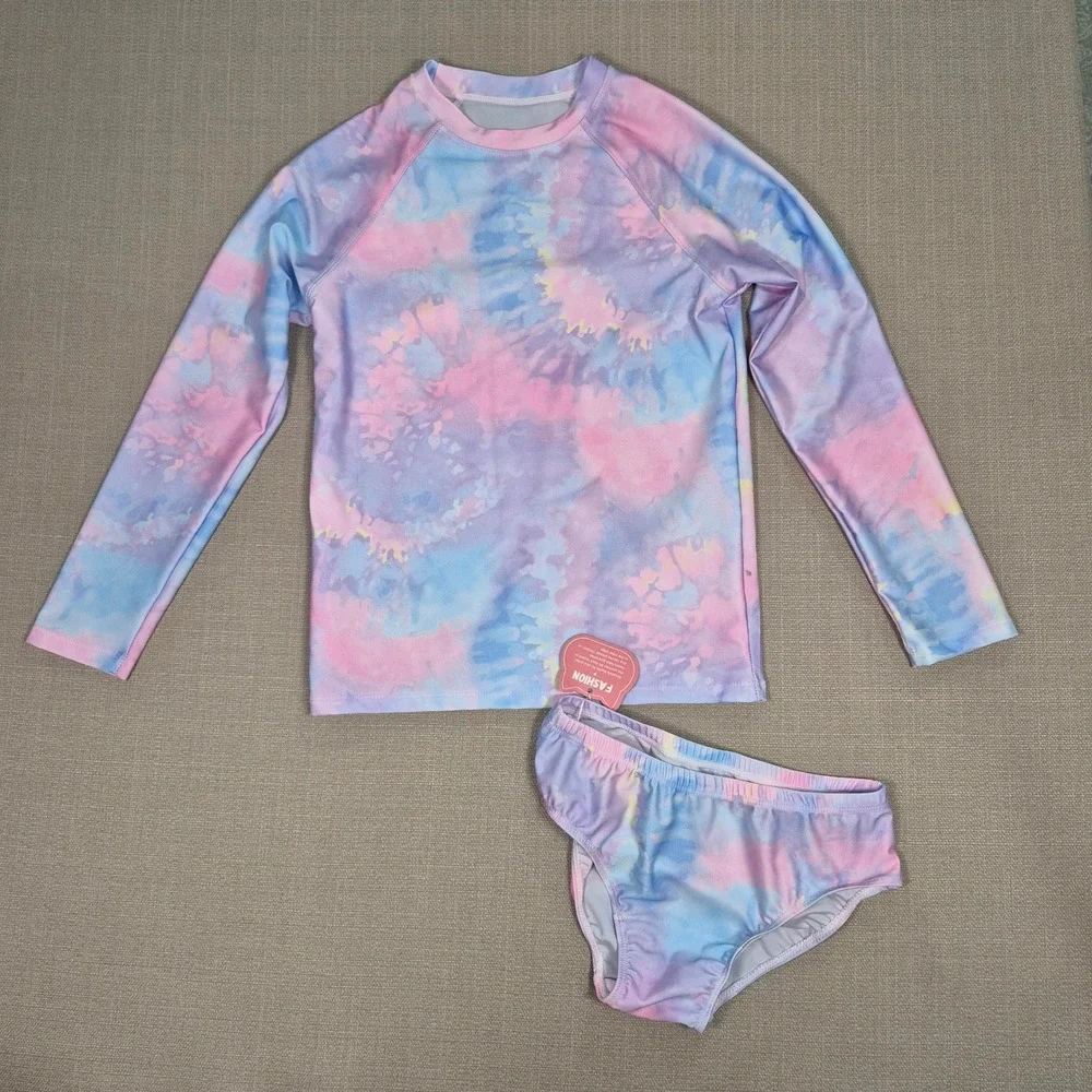 Girls Tie Dye Rash Guard Set Pink Blue Long Sleeve Swimsuit UPF 50 Size 140 NWT